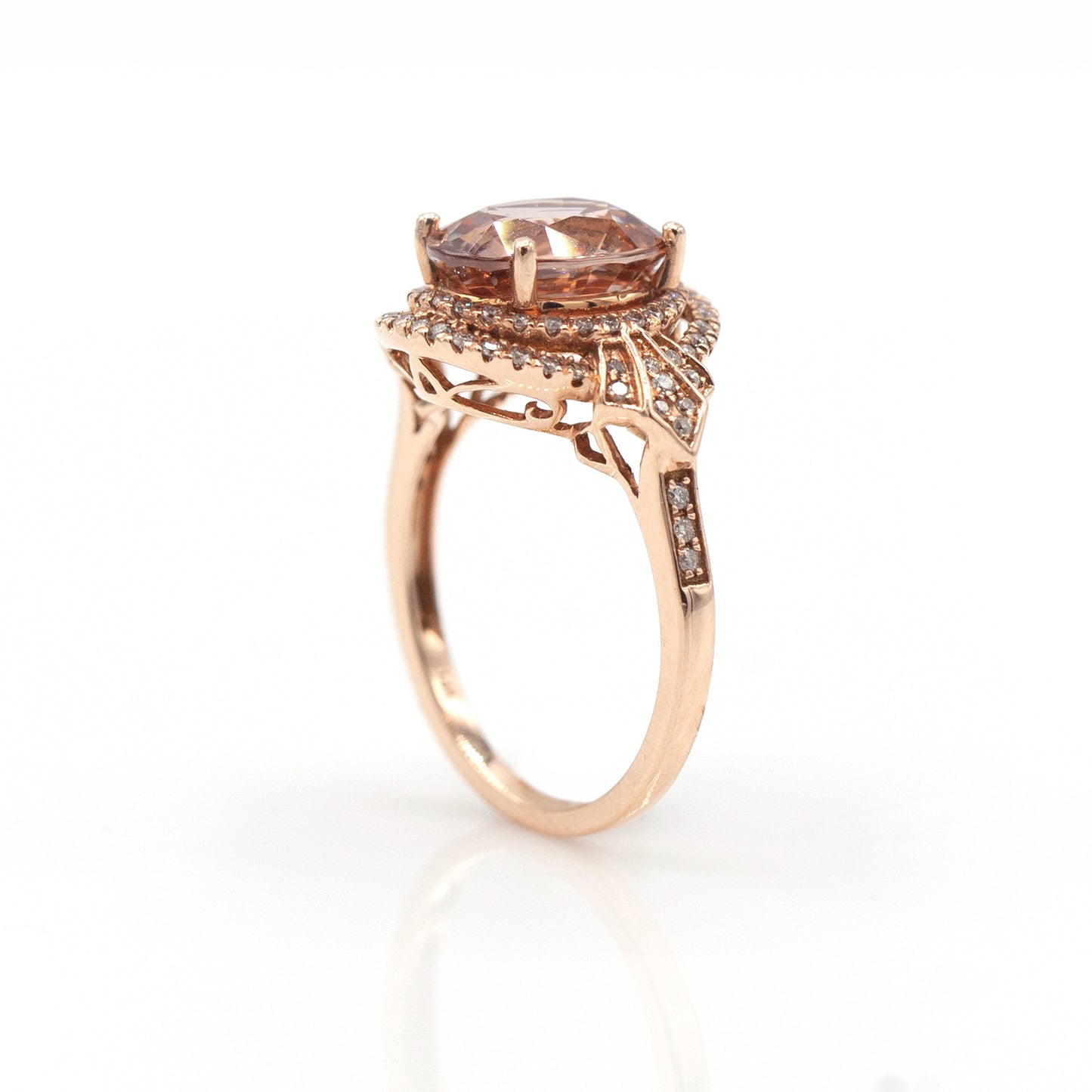 14K Rose Gold Peach Zircon & Diamond Halo Ring