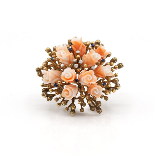 Estate Collection Coral, Diamond & Sapphire Brooch