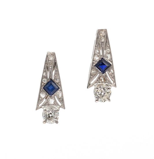 Estate Collection Platinum Art Deco Diamond & Sapphire Earrings