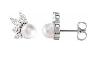 14K White Gold Akoya Pearl & Diamond Earrings