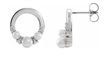 14K White Gold Cultured Pearl & Diamond Circle Earrings