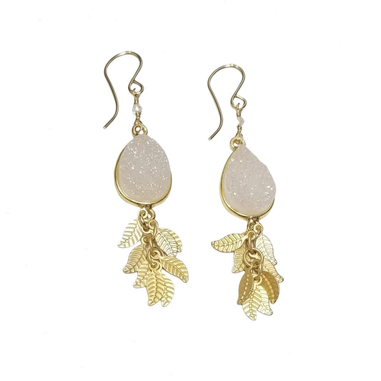 Anna Hollinger Collection White Druzy Leaf Cluster Earrings (Med)