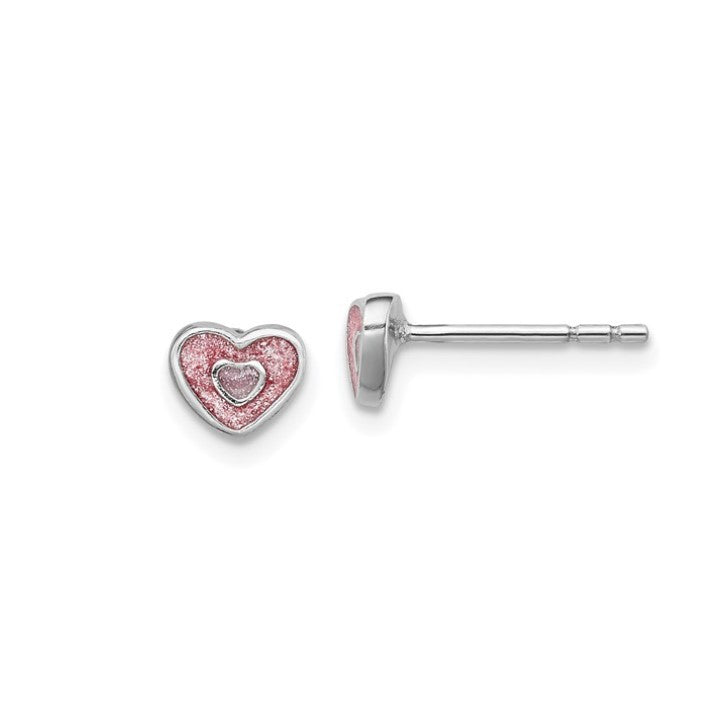 Sterling Silver Petite Enameled Pink Glitter Heart Post Earrings