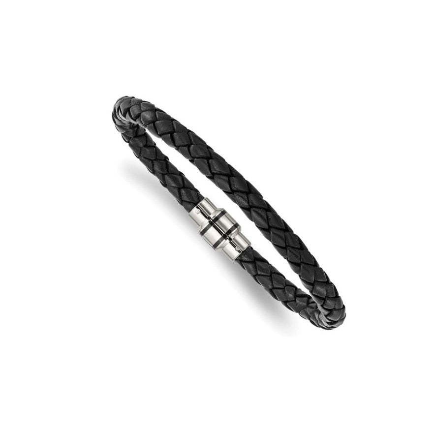 Stainless Steel Polished Black Braided Leather Bracelet