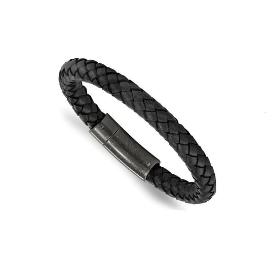 Brushed Black Stainless Steel Black Braided Leather Bracelet