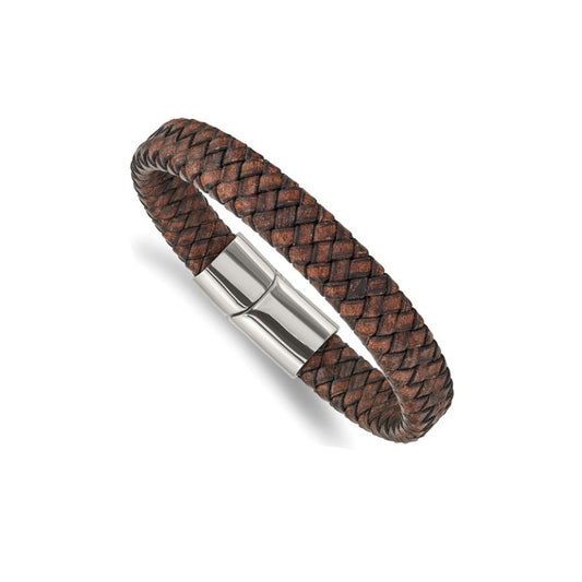 Stainless Steel Polished Brown Woven Leather Men's Bracelet