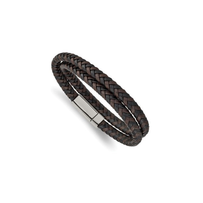 Stainless Steel Polished Brown & Black Leather Braided Wrap Bracelet