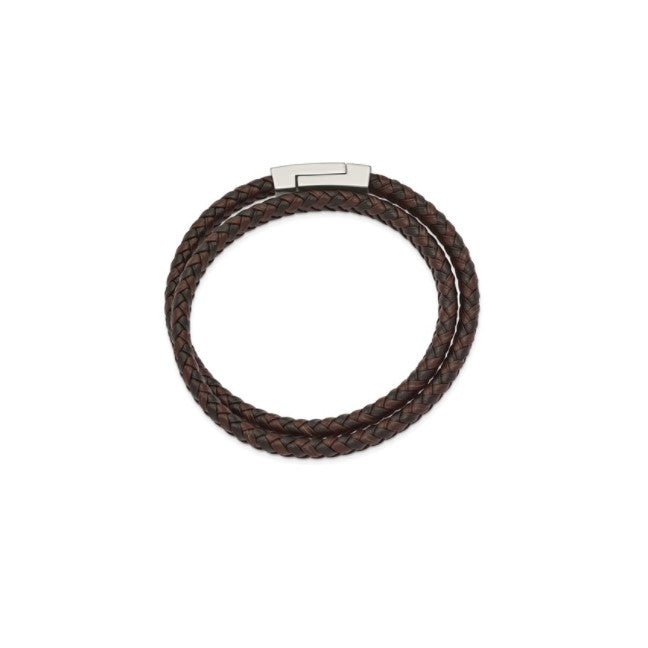 Stainless Steel Polished Brown & Black Leather Braided Wrap Bracelet