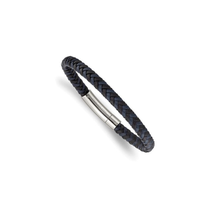 Stainless Steel Polished Black and Blue Braided Leather Men's Bracelet