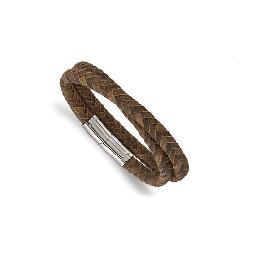 Stainless Steel Polished Brown Leather Braided Wrap Bracelet