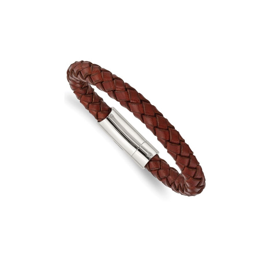 Stainless Steel Polished Brown Woven Leather Men's Bracelet