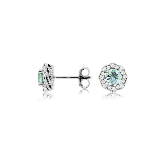 14K White Gold Aquamarine & Diamond Halo Earrings