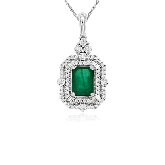 14K White Gold Emerald & Diamond Pendant