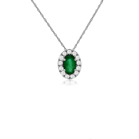 14K White Gold Emerald & Diamond Pendant