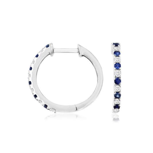 14K White Gold Diamond & Sapphire Hoop Earrings